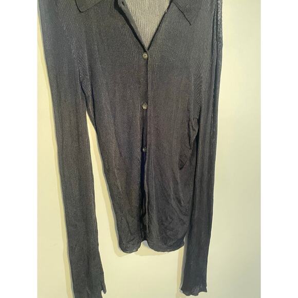 Free People Black Sheer Ribbed Slinky Button Down Long Sleeve Top - Picture 3 of 12